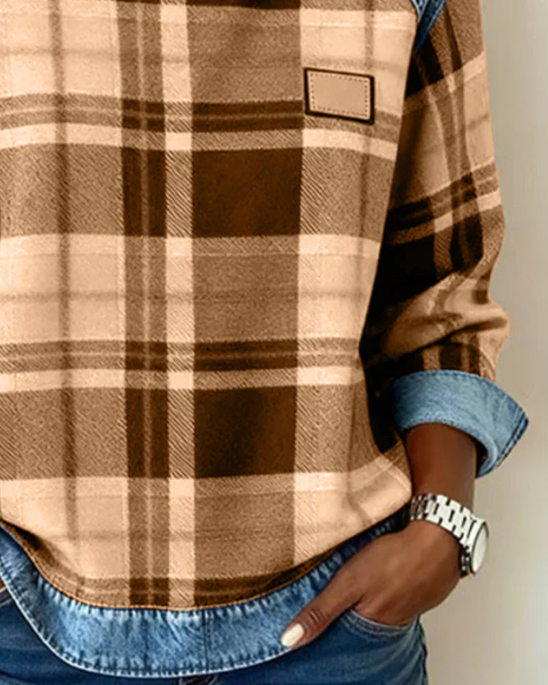 Elvarielle | Dames Geruite Trui – Denim Patchwork Gebreide Casual Trui met Lange Mouwen