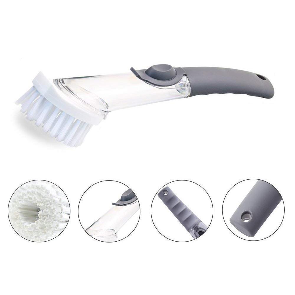 QuickClean | Ergonomische afwasborstel met ingebouwde zeepdispenser – vervangbare sponskop, antisliphandvat