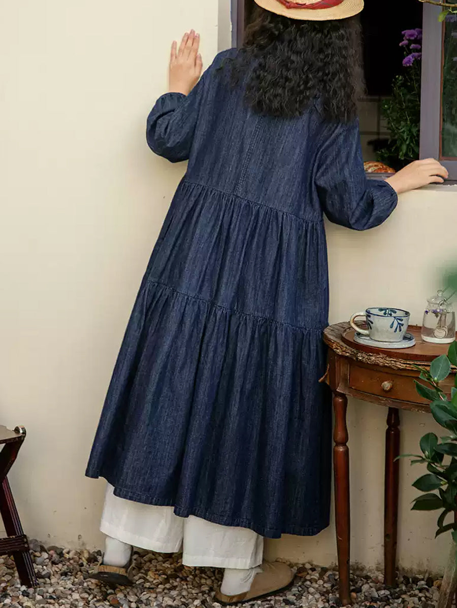 Veyria | Dames denim jurk met losse pasvorm, lange mouwen, casual lentjurk