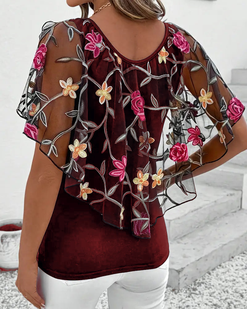 Kaelis | Dames Mesh Blouse met Bloemenborduurwerk – Elegante Lichtgewicht Top