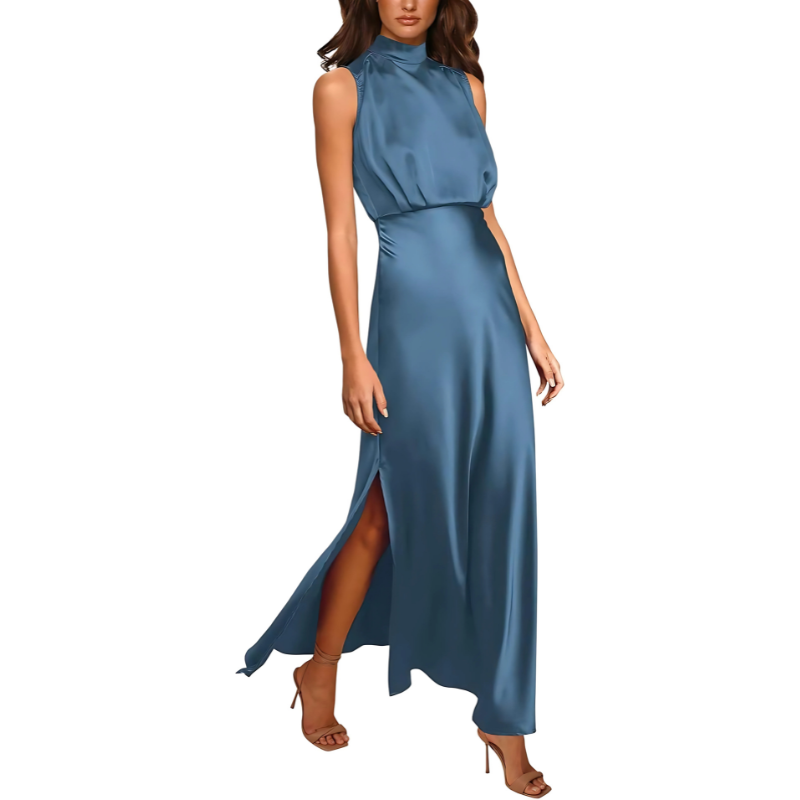Vaila | Elegante maxi-jurk voor dames – Lange, formele jurk van satijn met hoge hals en split