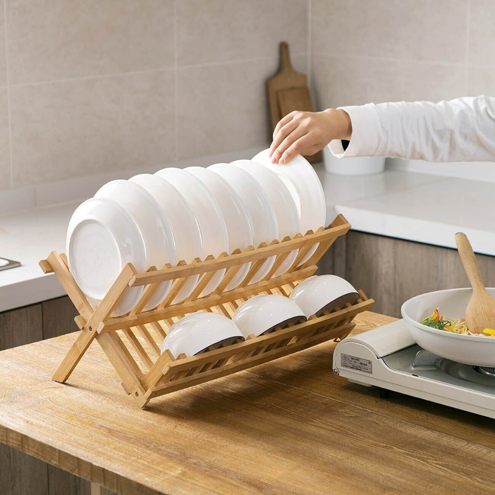 DishDock | Bamboe Afdruiprek – Bamboe Bord- en Kopjesdroger voor het Aanrecht