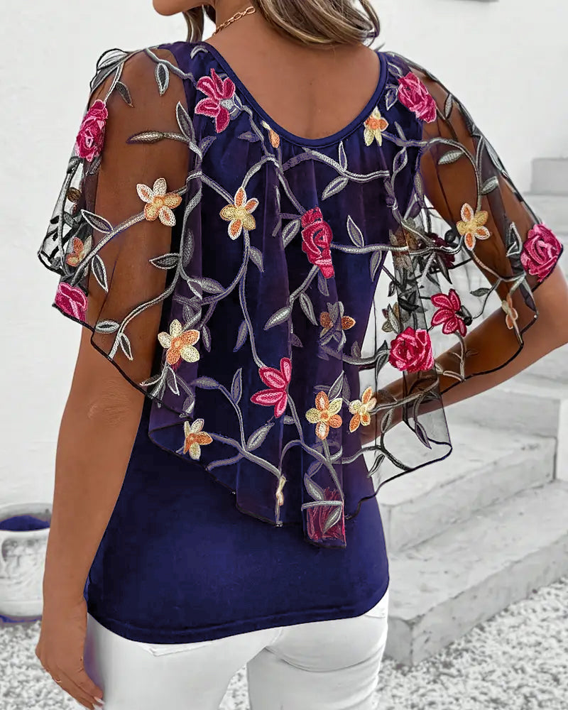 Kaelis | Dames Mesh Blouse met Bloemenborduurwerk – Elegante Lichtgewicht Top