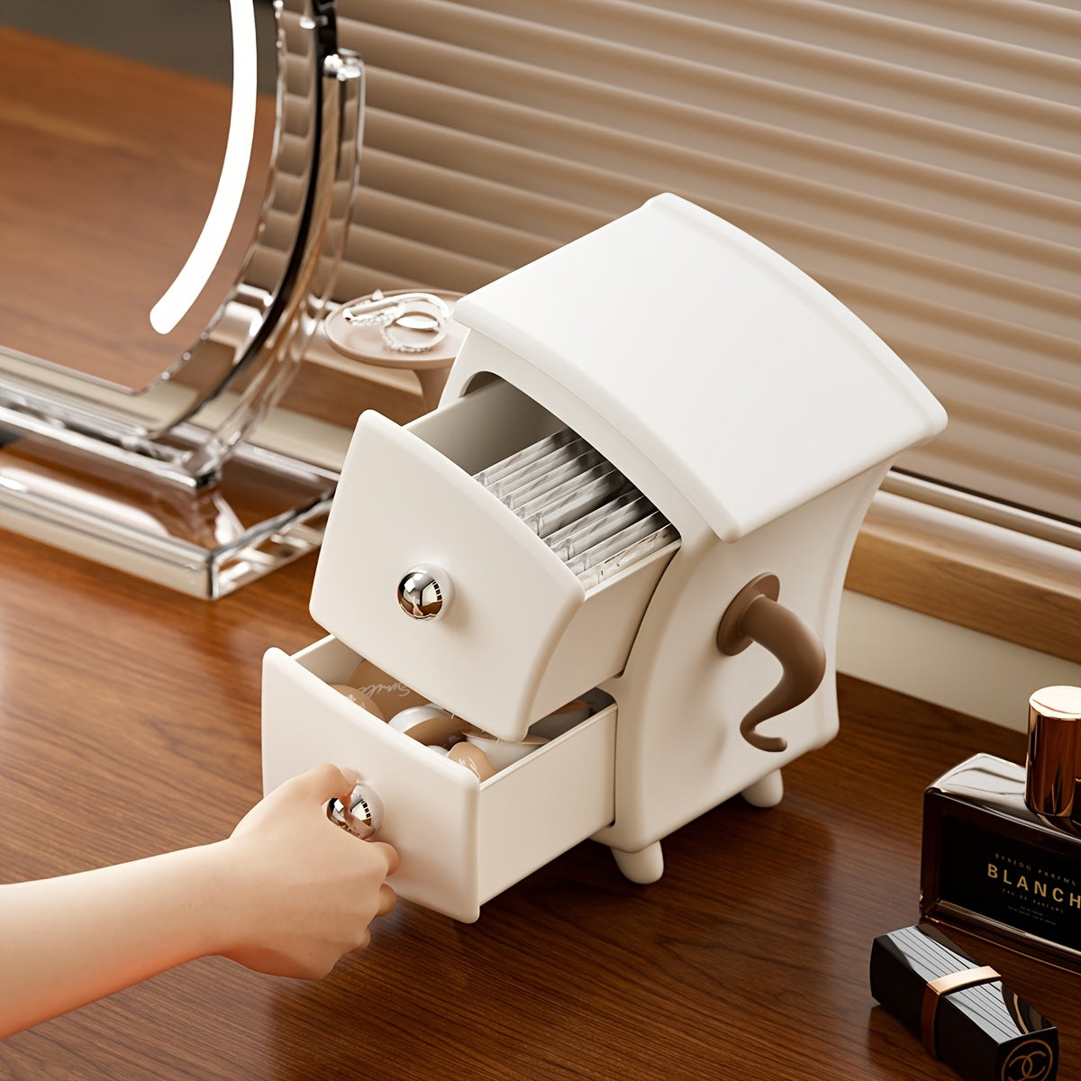 LidHaven | Witte en bruine opbergdoos met scharnierend deksel en ronde deur – Bureau-organizer