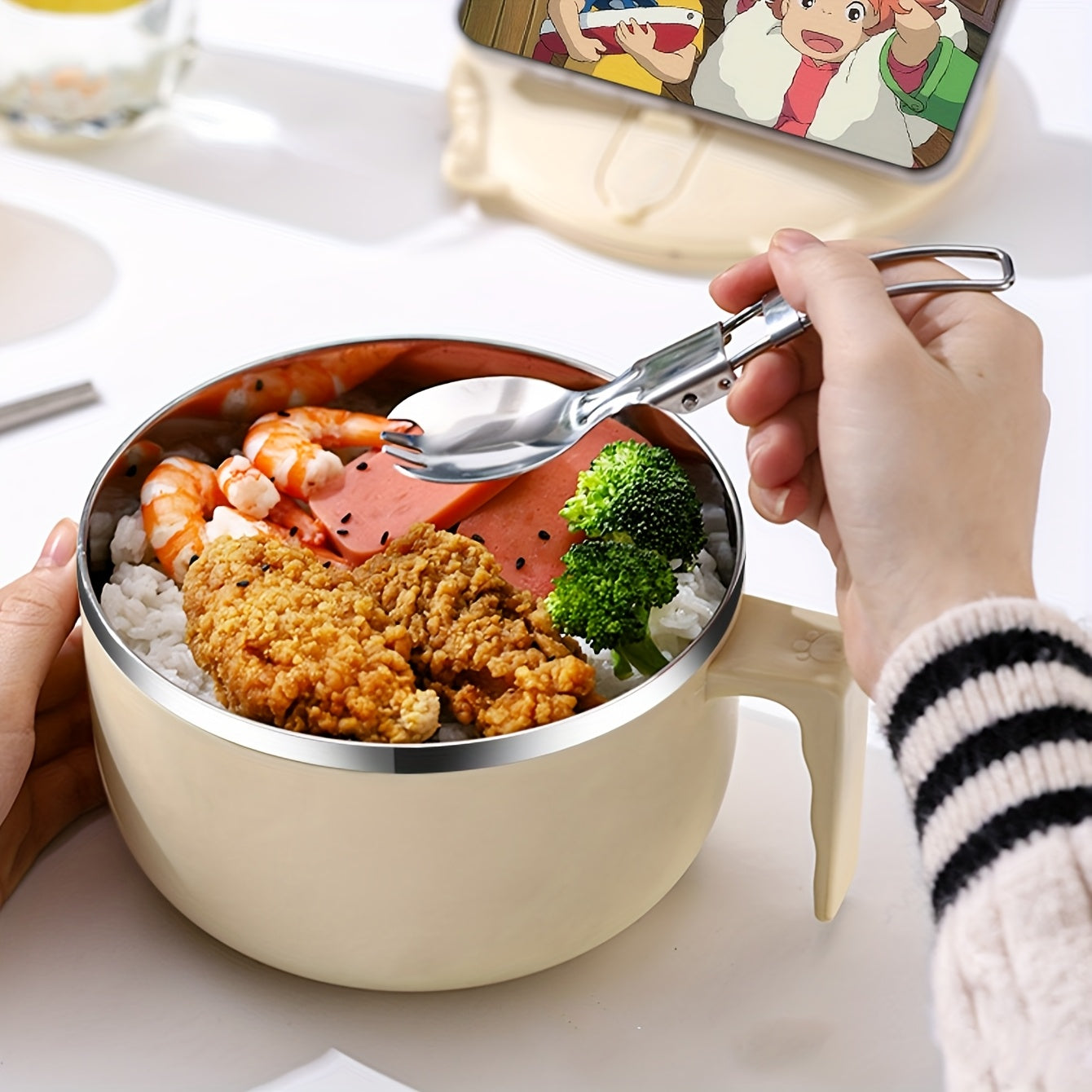 Bowluxe | 1300 ml roestvrijstalen noedelkom met deksel – geïsoleerde soep- en voedselcontainer