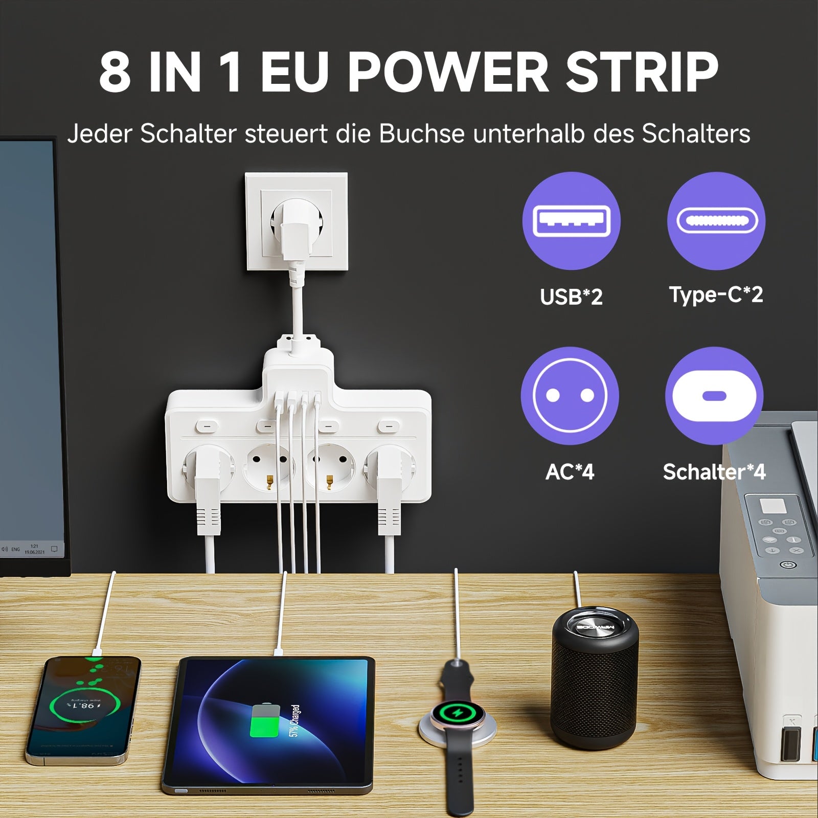 PowerHub | 7-in-1 EU-stroombord - Multi-Switch Stekker voor Thuis & Kantoor