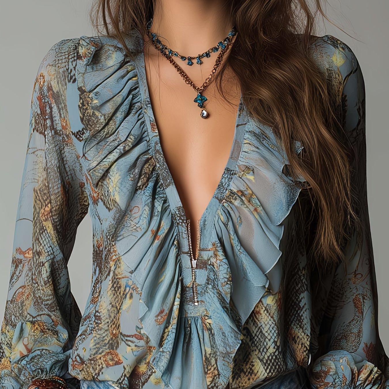 Ulynn | Elegante chiffonblouse voor dames – Blouse met bloemenprint, slangenprint, V-hals en ruches