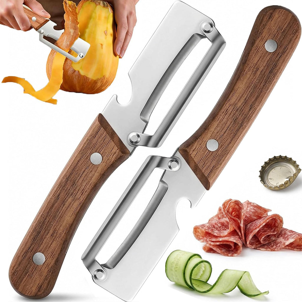 PeelEase | 3‑in‑1 Multifunctionele Keuken Groente- & Fruitenschiller – RVS Mes, Houten Handvat + Flesopener