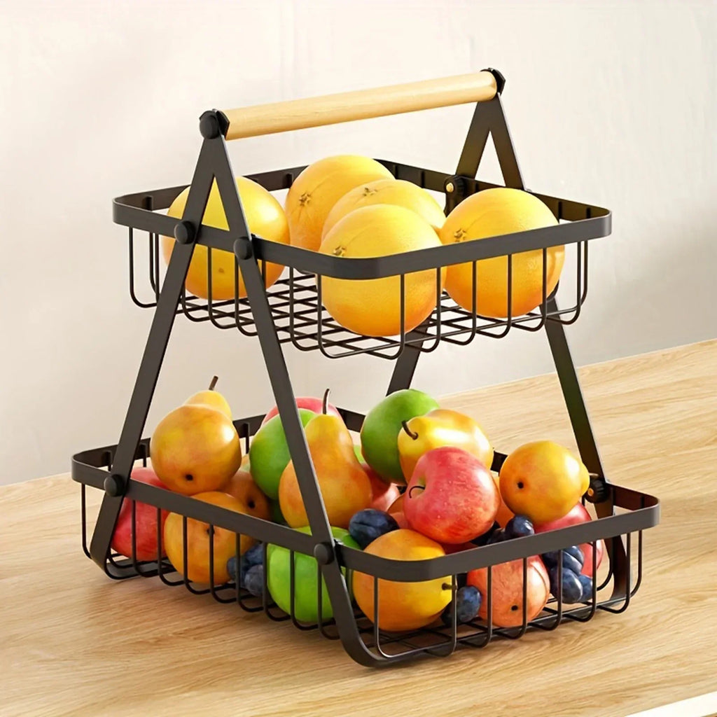 StackBasket | Ruime fruitmand met 2 lagen – Stijlvolle metalen standaard voor opslag in de keuken