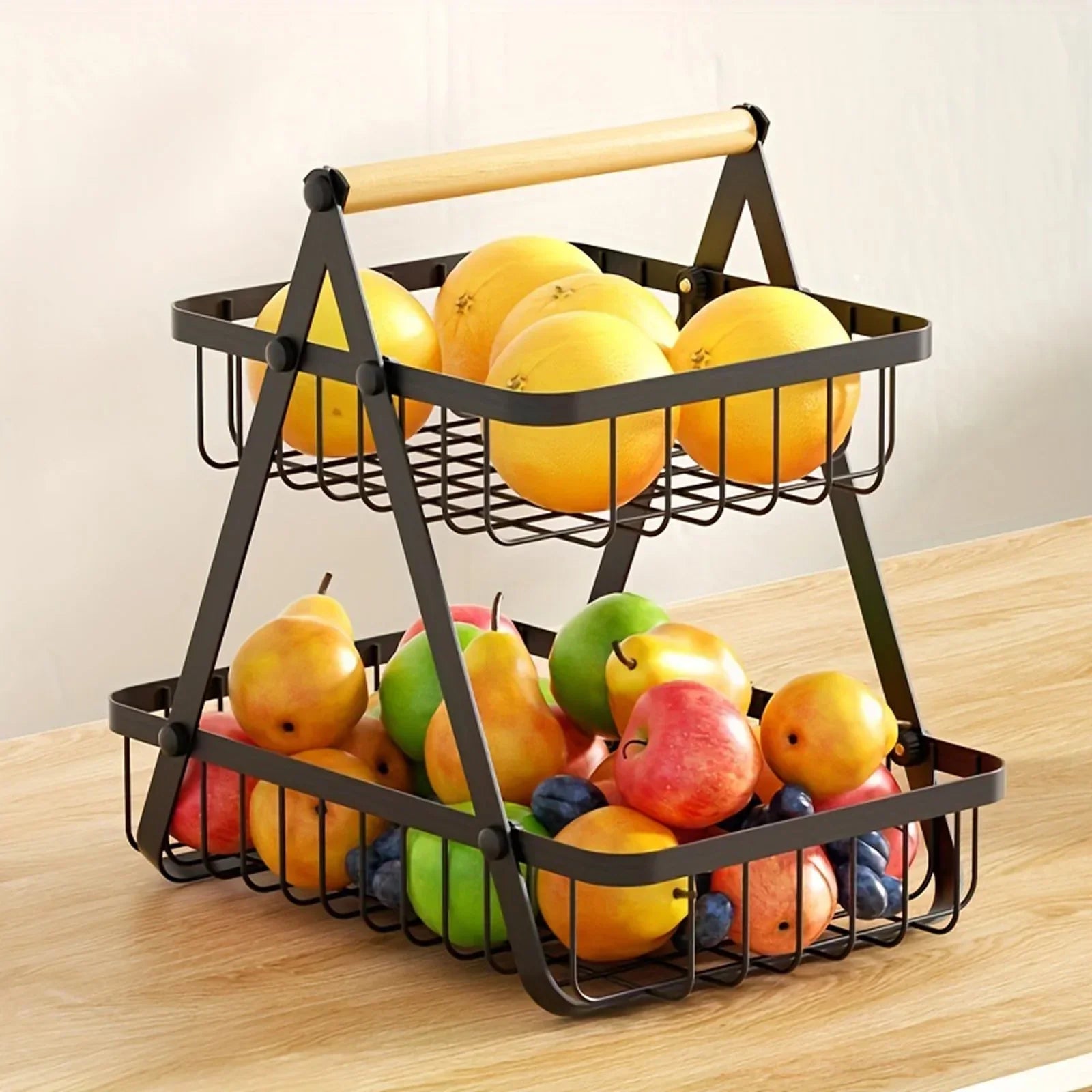 StackBasket | Ruime fruitmand met 2 lagen – Stijlvolle metalen standaard voor opslag in de keuken