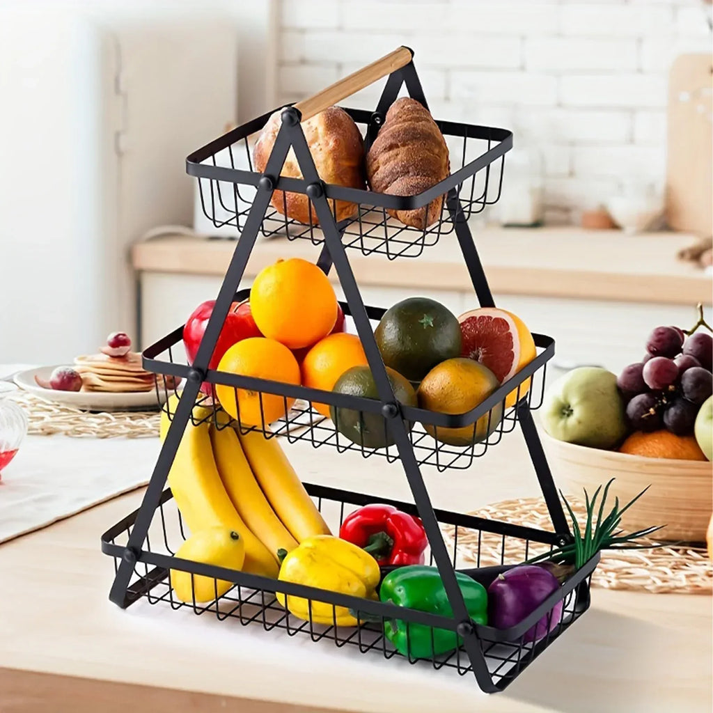 StackBasket | Ruime fruitmand met 2 lagen – Stijlvolle metalen standaard voor opslag in de keuken