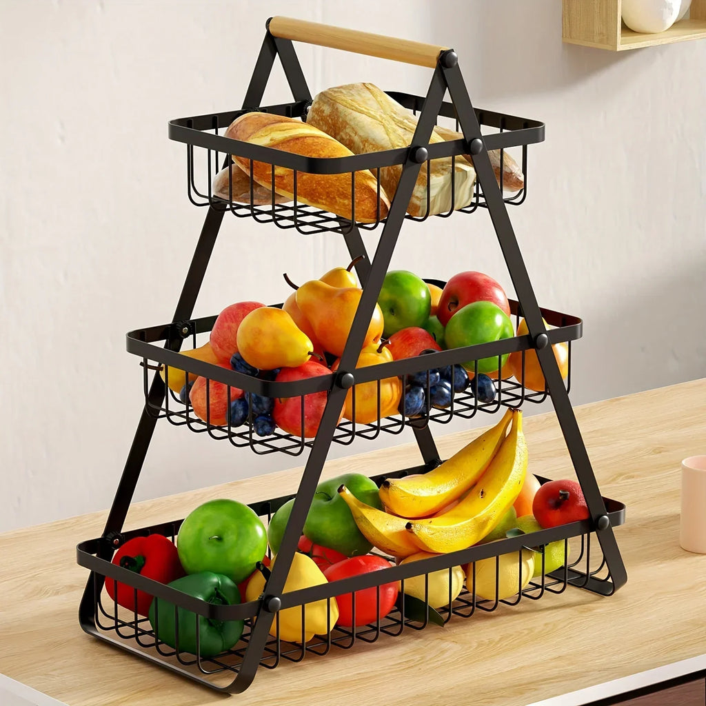 StackBasket | Ruime fruitmand met 2 lagen – Stijlvolle metalen standaard voor opslag in de keuken
