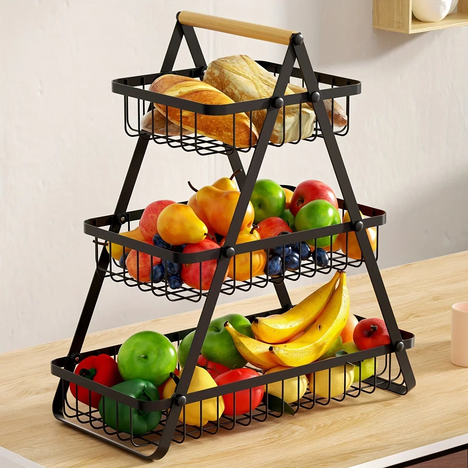 StackBasket | Ruime fruitmand met 2 lagen – Stijlvolle metalen standaard voor opslag in de keuken