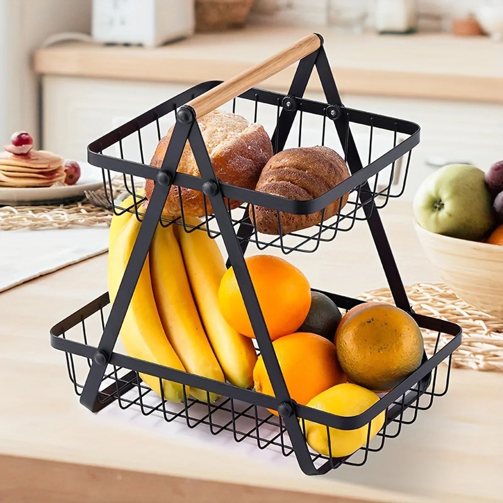 StackBasket | Ruime fruitmand met 2 lagen – Stijlvolle metalen standaard voor opslag in de keuken