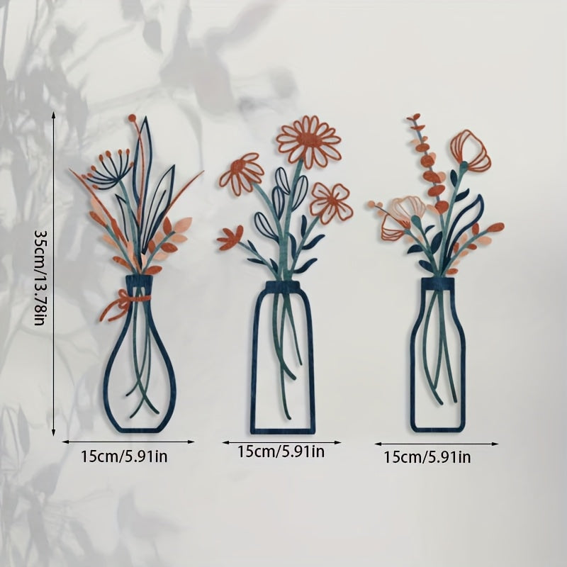 Bloomistry | 3-delige opvallende bloemenwanddecoratie, metalen hangende sculpturen voor de woonkamer