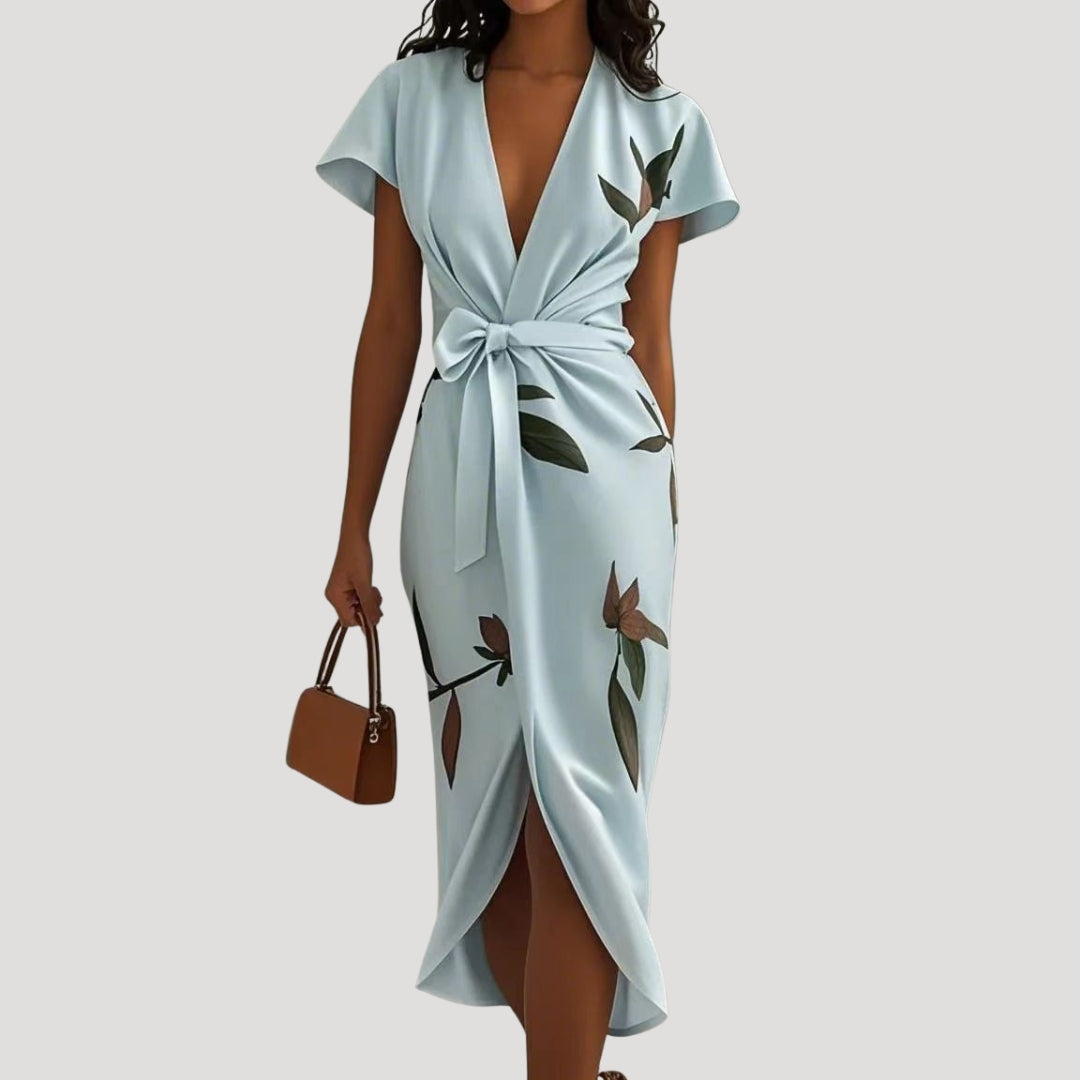 Fara | Dames bloemen wikkel midi-jurk – V-hals jurk met verstelbare taille