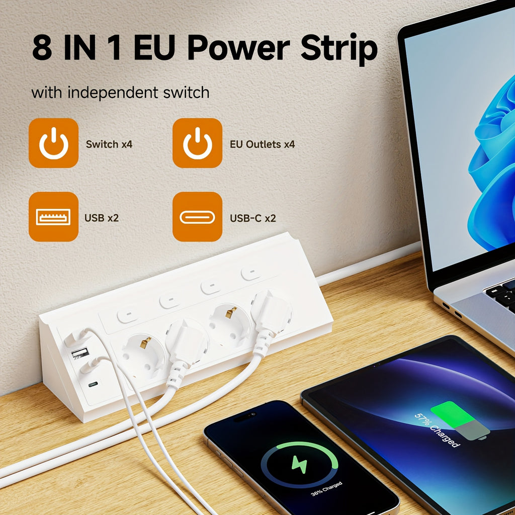 MultiPlug | 8-in-1 EU Stekkerdoos – 4 AC Stopcontacten, 2 USB-C Poorten, 1,5m Verlengsnoer