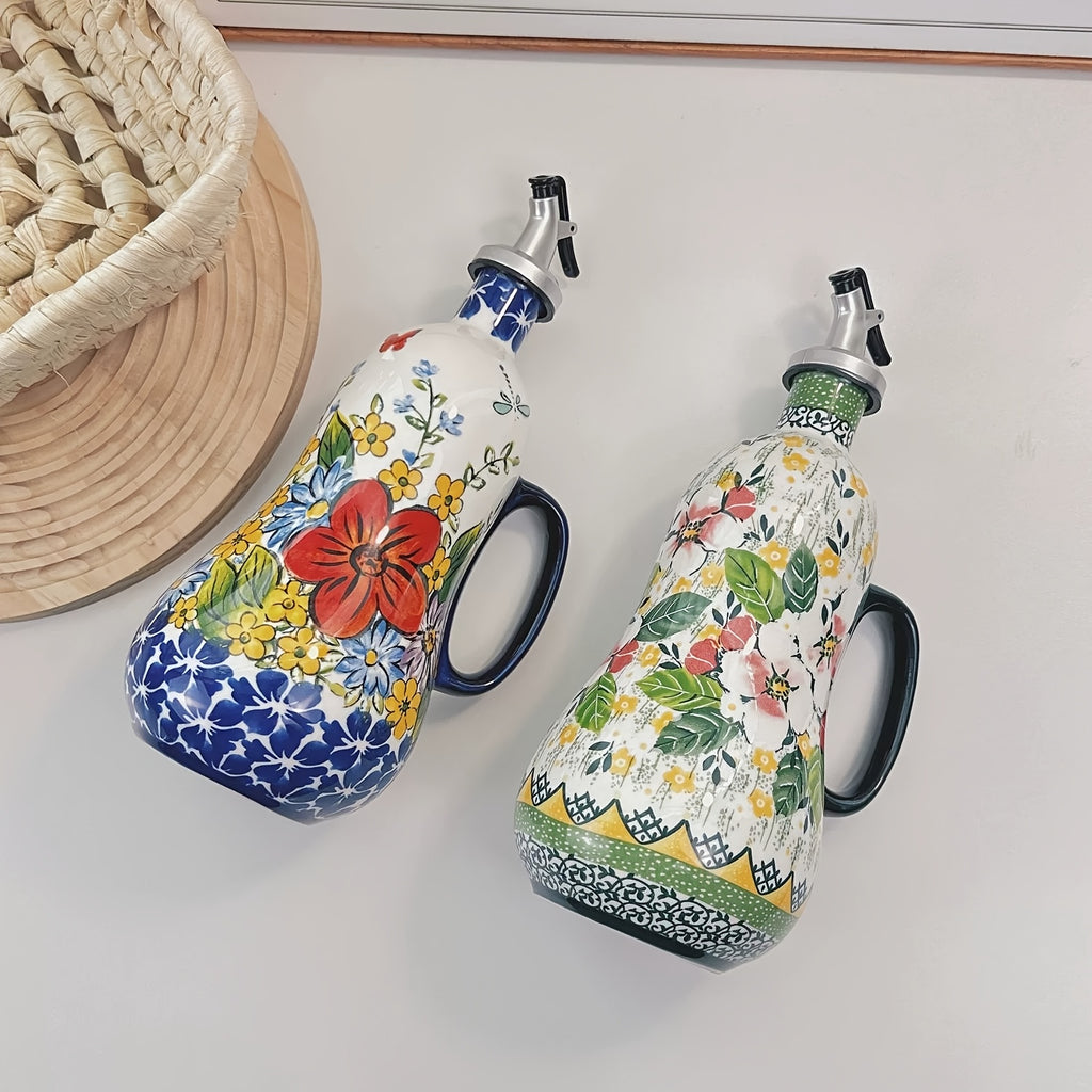 OlivaBloom | Handbeschilderde Olijfoliefles, Elegante Keuken Oliefles, Bloemmotief
