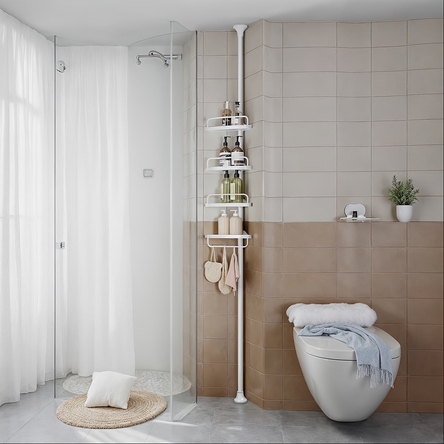 CornerTier | 4-laagse Verstelbare Douchehoekplank 85–305 cm – Badkamer Organizer Caddy