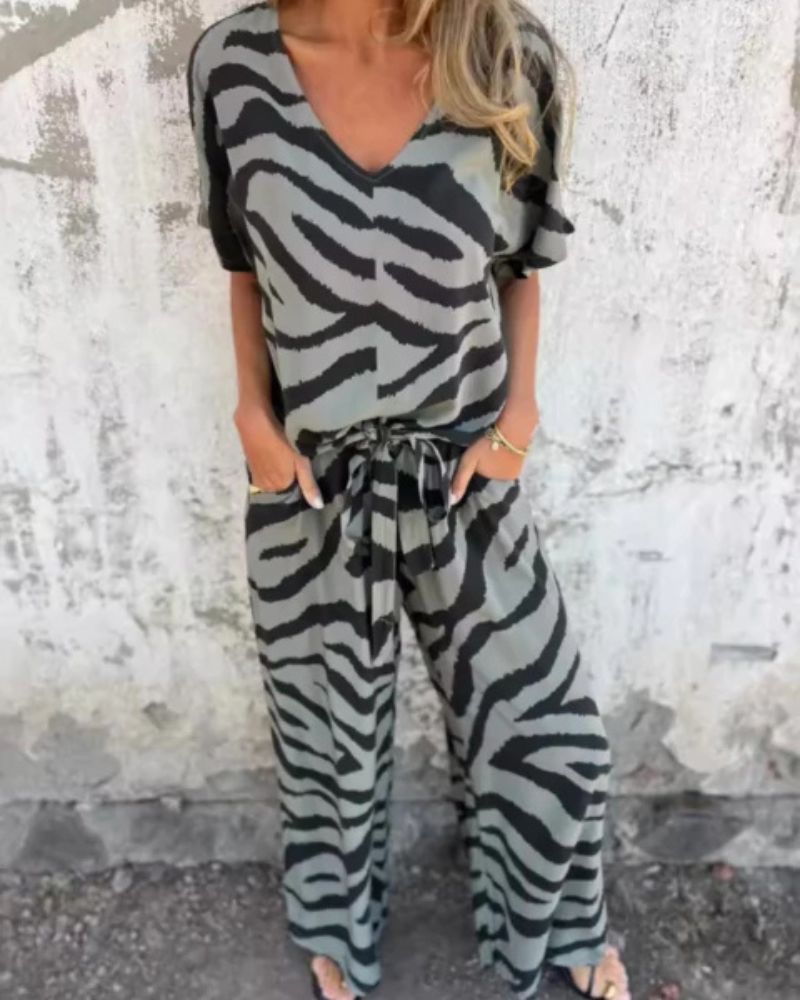 Eloria | Dames 2-delige safari set – zebra print top en wide-leg broek, casual bijpassende set