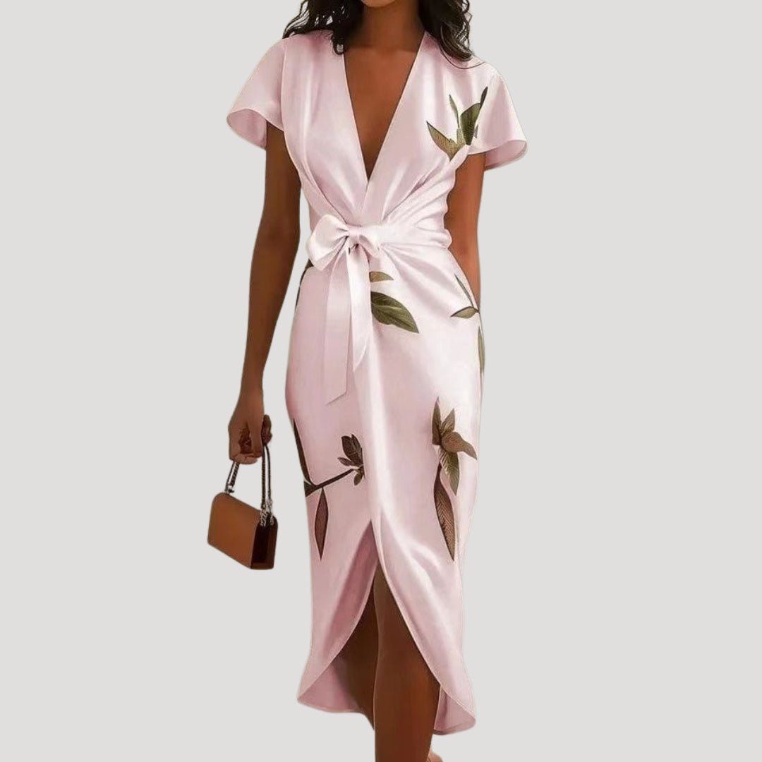 Fara | Dames bloemen wikkel midi-jurk – V-hals jurk met verstelbare taille