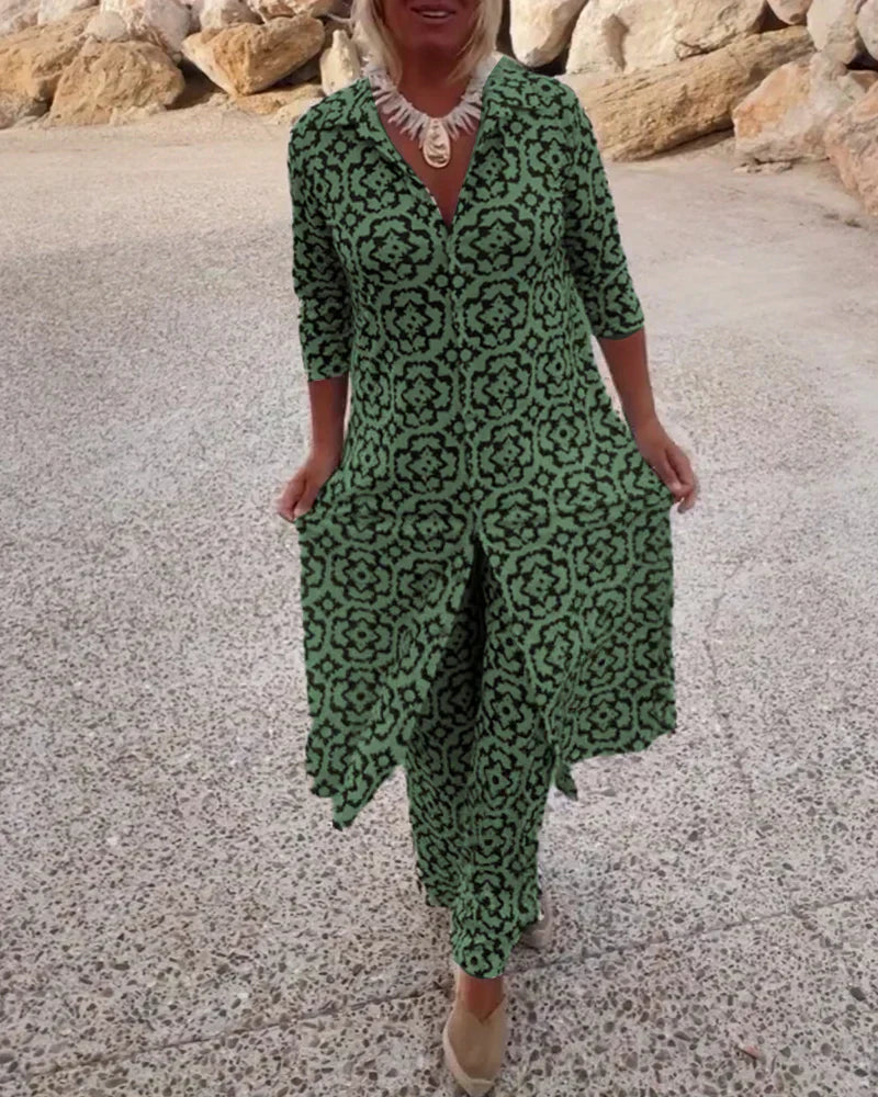 Claire | Dames Tweedelige Set met Geometrische Print – Lange Mouwen V-Hals Top & Broek