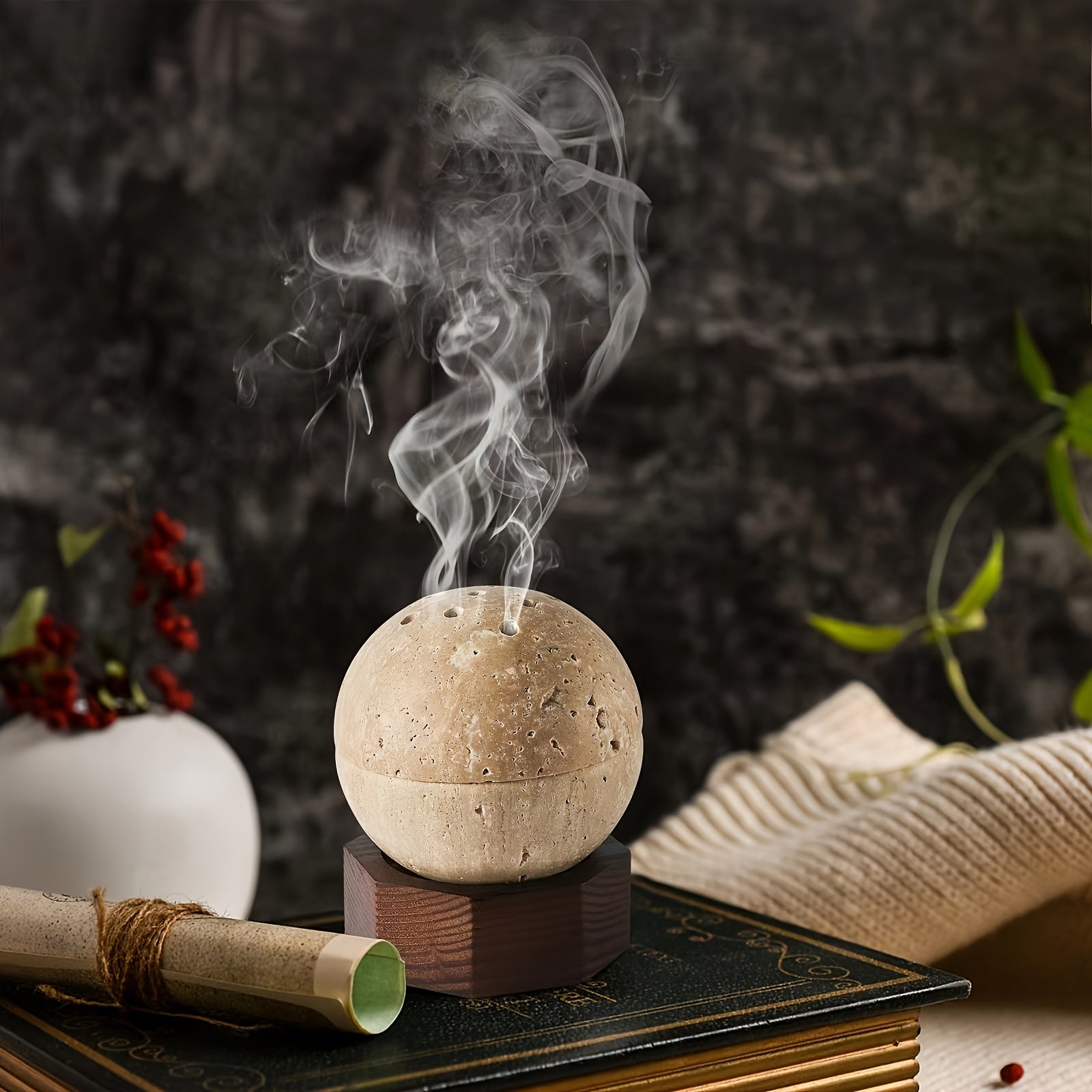 Spheriscent | Natuurlijke travertijn wierookbrander – Aromatherapie & woondecoratie