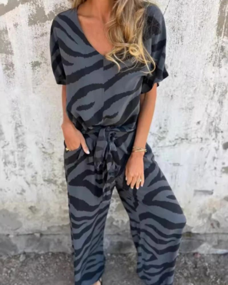 Eloria | Dames 2-delige safari set – zebra print top en wide-leg broek, casual bijpassende set