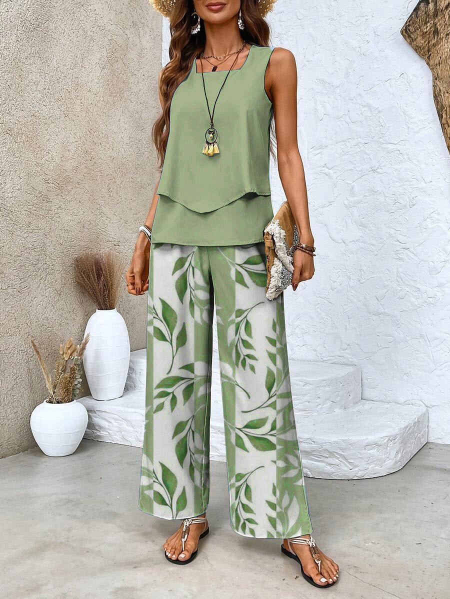 Zevarina | Dames 2-Delige Casual Set – Mouwloze Top & Bedrukte Broeken Matching Set