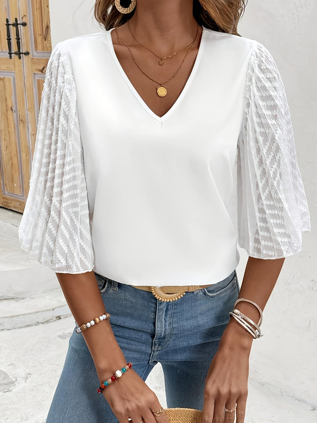 Mirelina | Damesblouse met lange mouwen – V-hals met relaxte pasvorm voor dagelijks gebruik