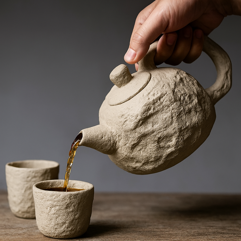 TerraBrew | Ambachtelijke rustieke stenen textuur theepotset – keramische theepot met kopjes, handgemaakt