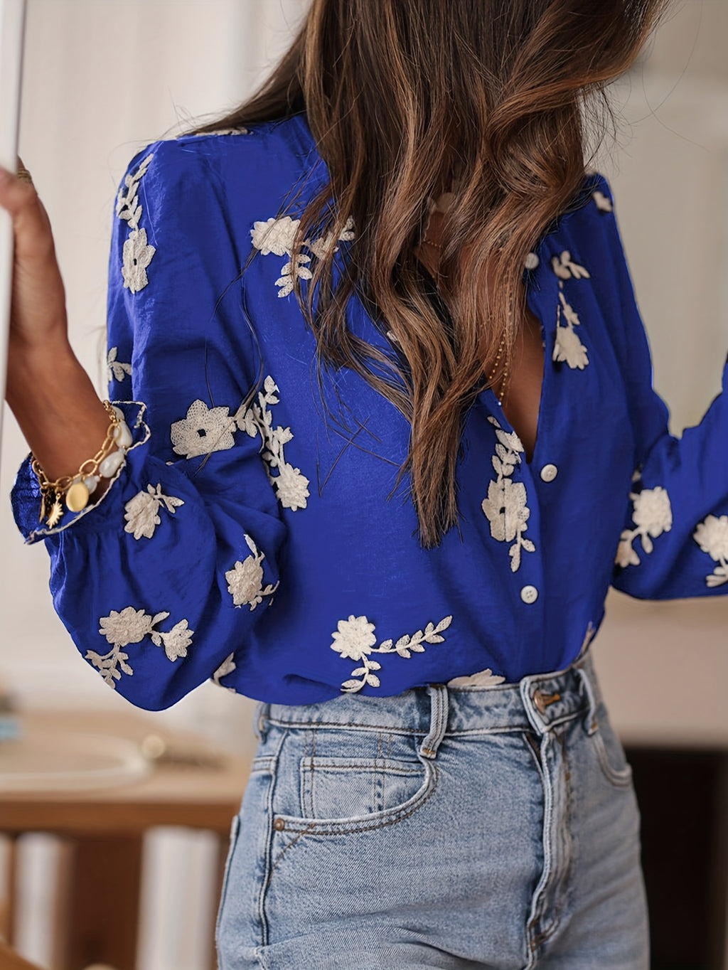 Omelia | Dames casual blouse met lange mouwen, bloemenborduursel, knopen aan de voorkant