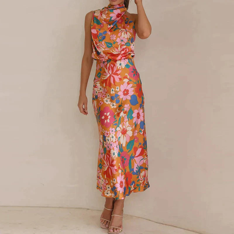 Nyorissa | Midi-jurk met halternek voor dames – Elegante satijnen jurk met bloemenprint
