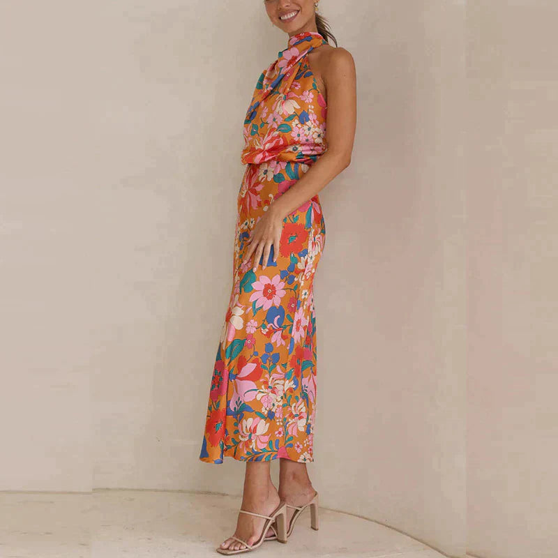 Nyorissa | Midi-jurk met halternek voor dames – Elegante satijnen jurk met bloemenprint