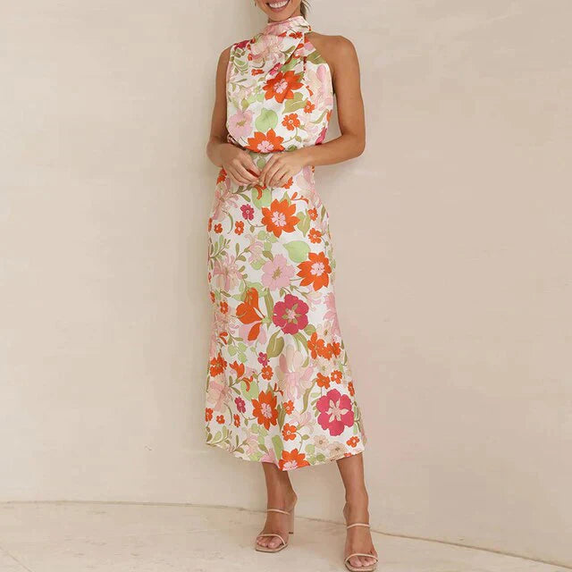 Nyorissa | Midi-jurk met halternek voor dames – Elegante satijnen jurk met bloemenprint