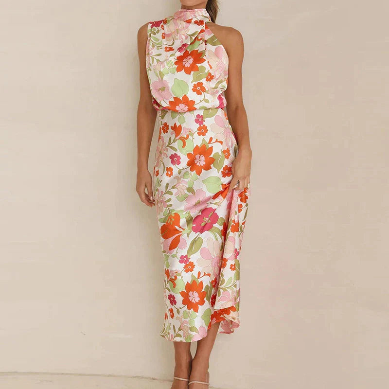 Nyorissa | Midi-jurk met halternek voor dames – Elegante satijnen jurk met bloemenprint
