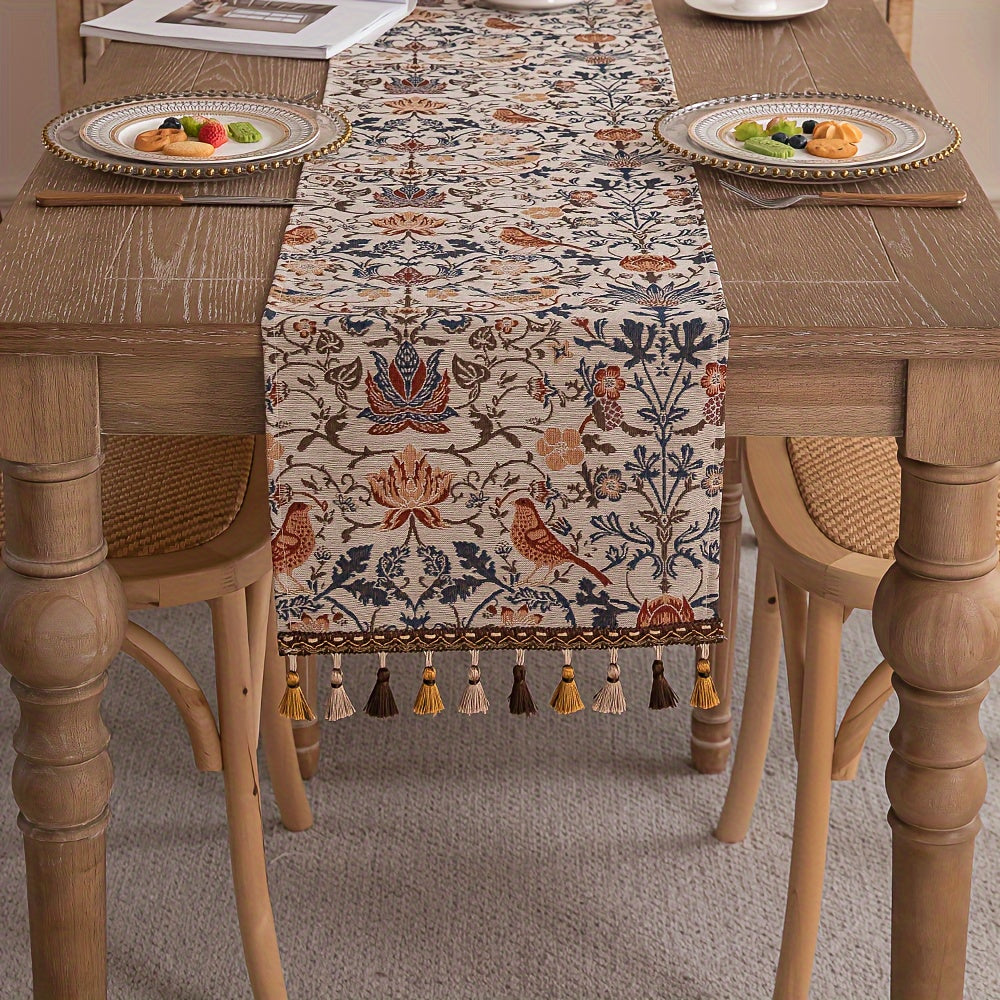 FloralVista | Vintage tafelloper met kwastjes - rustiek landelijk decoratief tafelkleed