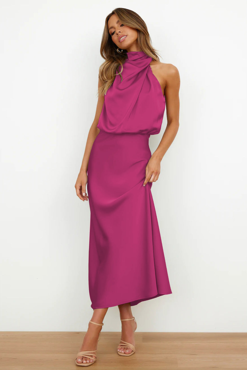 Ayra | Dames satijnen halternek midi-jurk – mouwloze elegante bodycon avond- en feestjurk