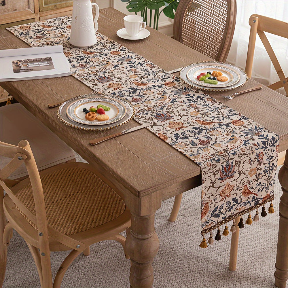FloralVista | Vintage tafelloper met kwastjes - rustiek landelijk decoratief tafelkleed