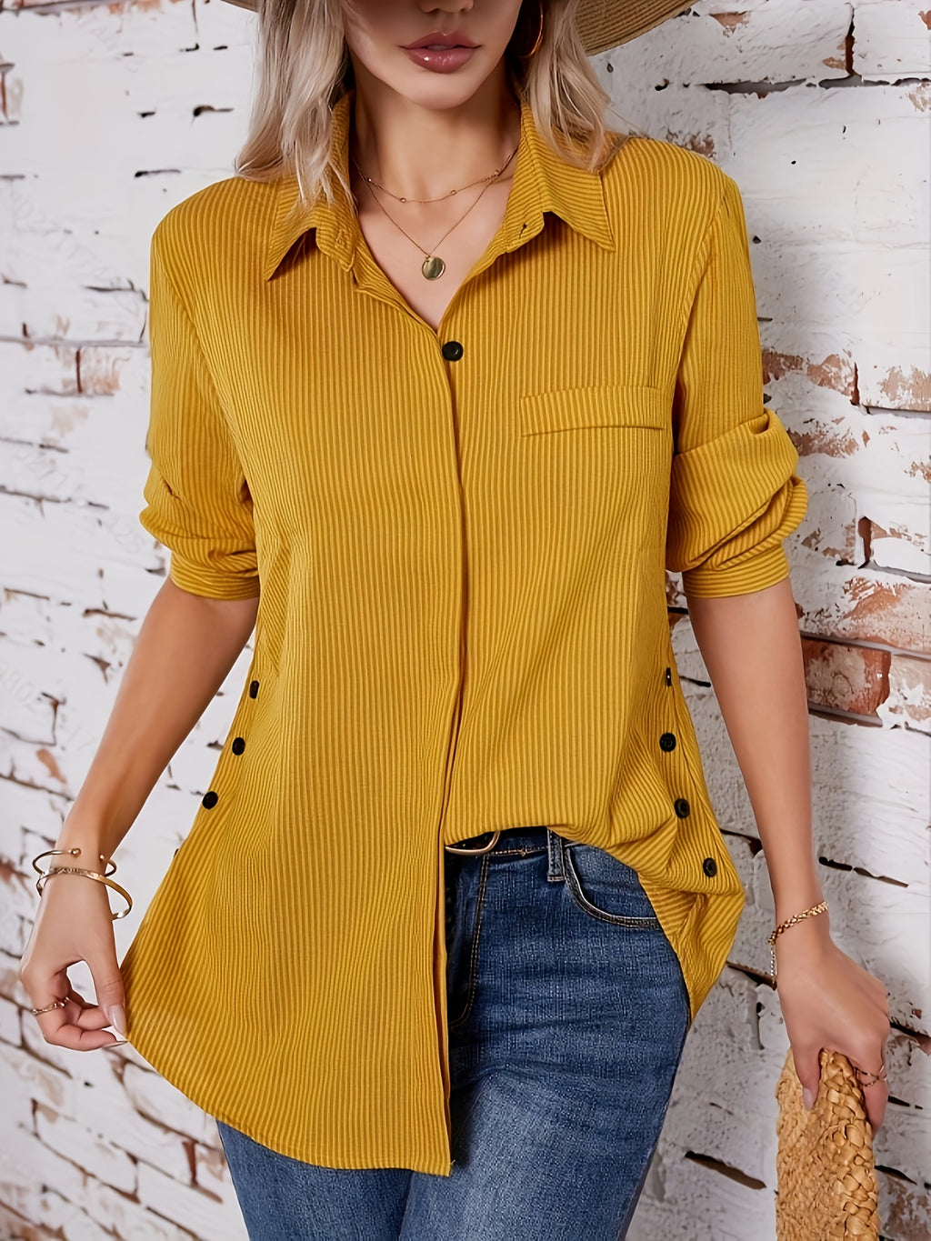 Alviana | Dames Gestreept Shirt met Lange Mouwen en Knopen – Casual Lange Top met Nepzak