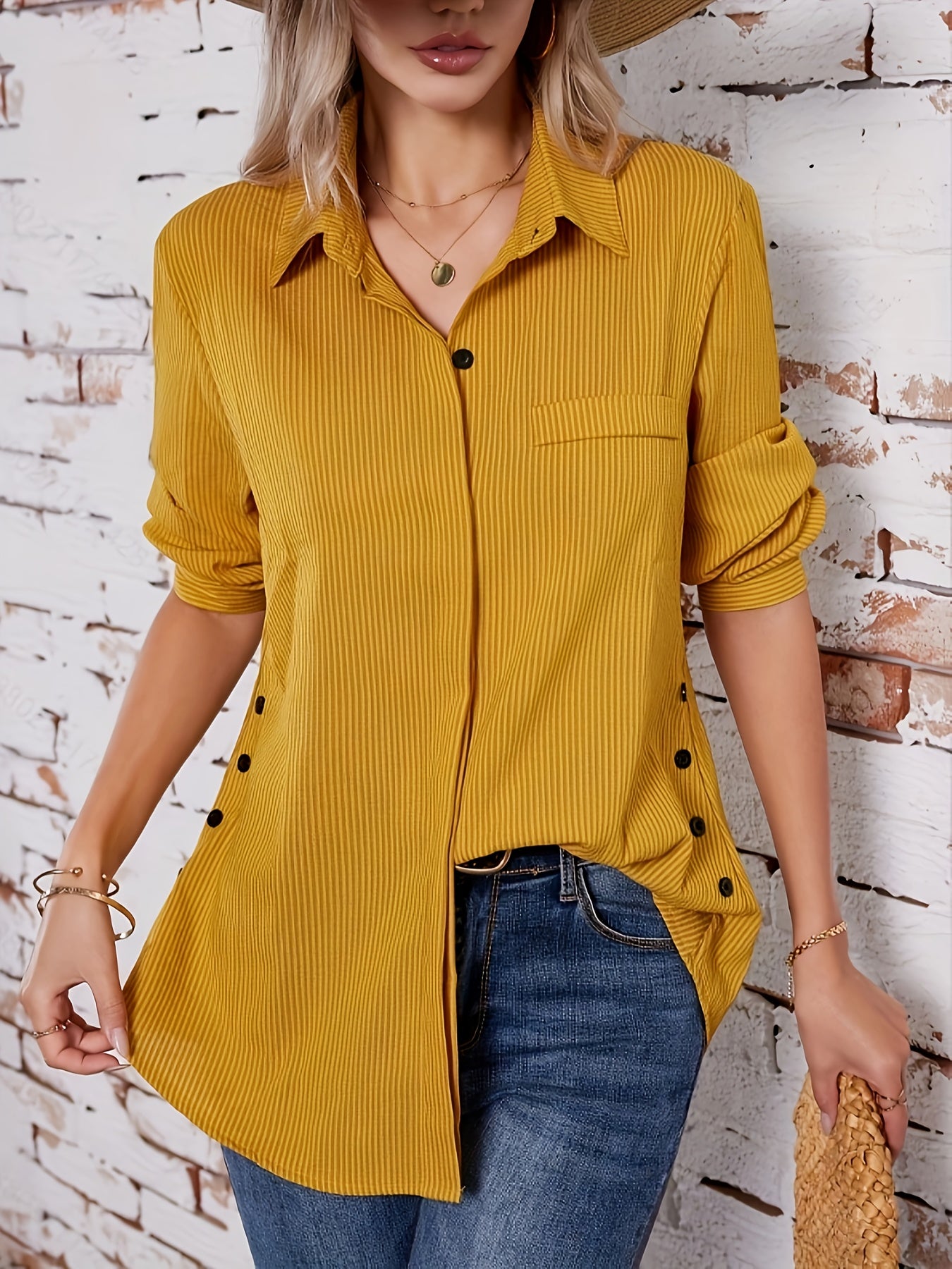 Alviana | Dames Gestreept Shirt met Lange Mouwen en Knopen – Casual Lange Top met Nepzak