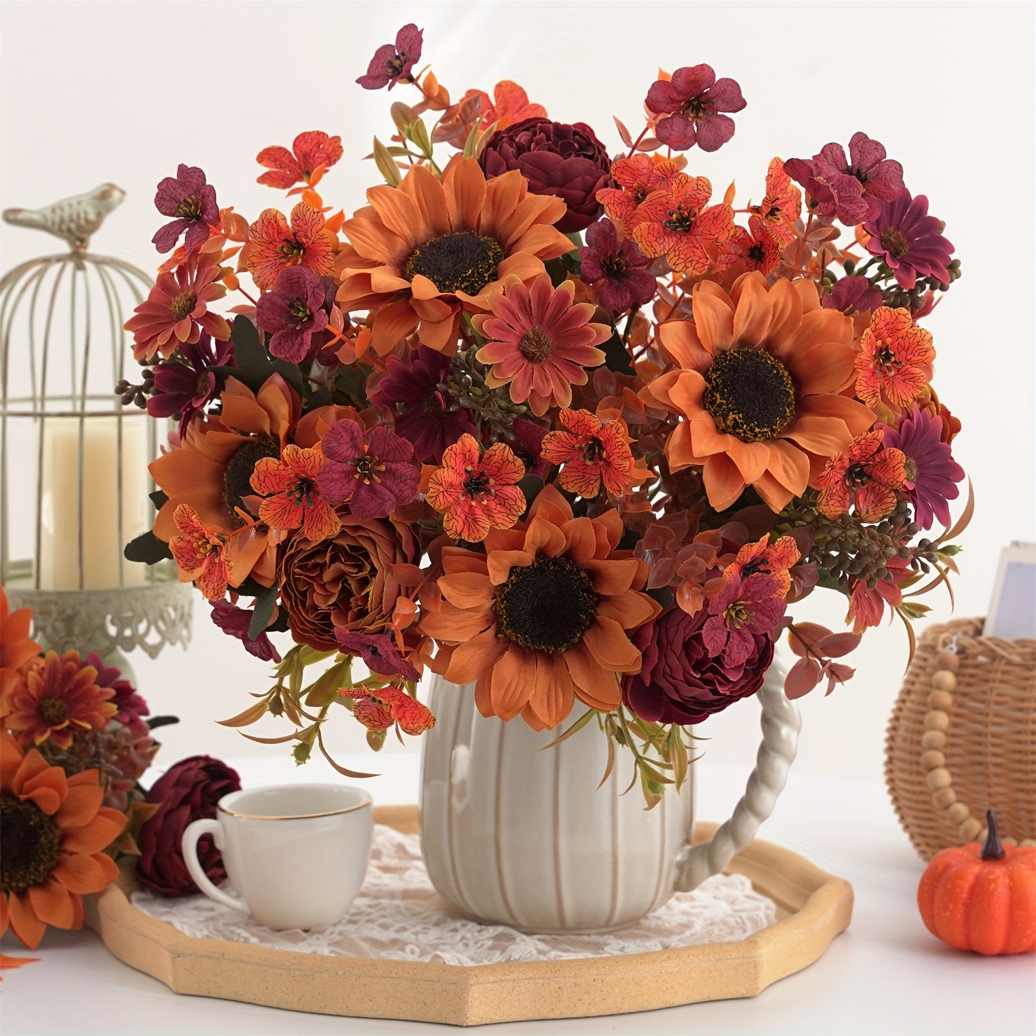 AutumnBloom | 4 stuks kunstbloemenarrangement voor de herfst – boeket met zonnebloemen, pioenrozen en madeliefjes