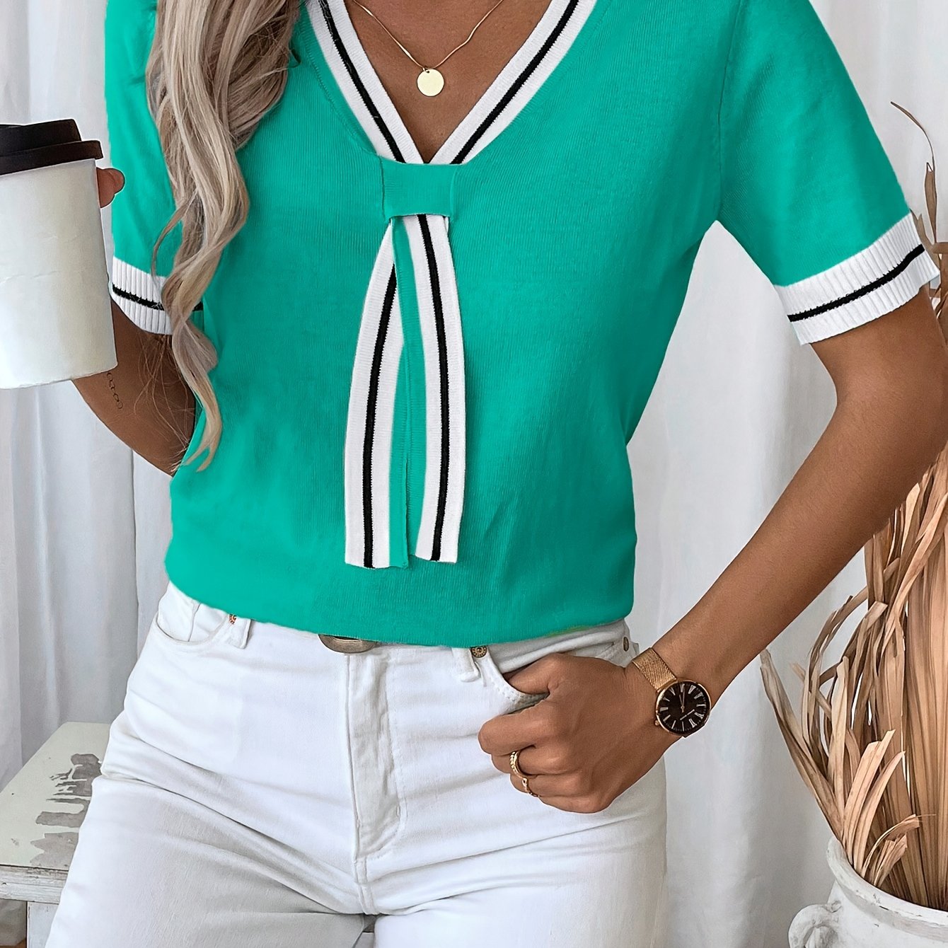 Analya | Dames Zomer T-shirt met V-hals en Strik – Casual Gebreid, Lichtgewicht, Ademend