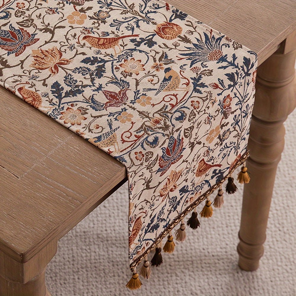 FloralVista | Vintage tafelloper met kwastjes - rustiek landelijk decoratief tafelkleed