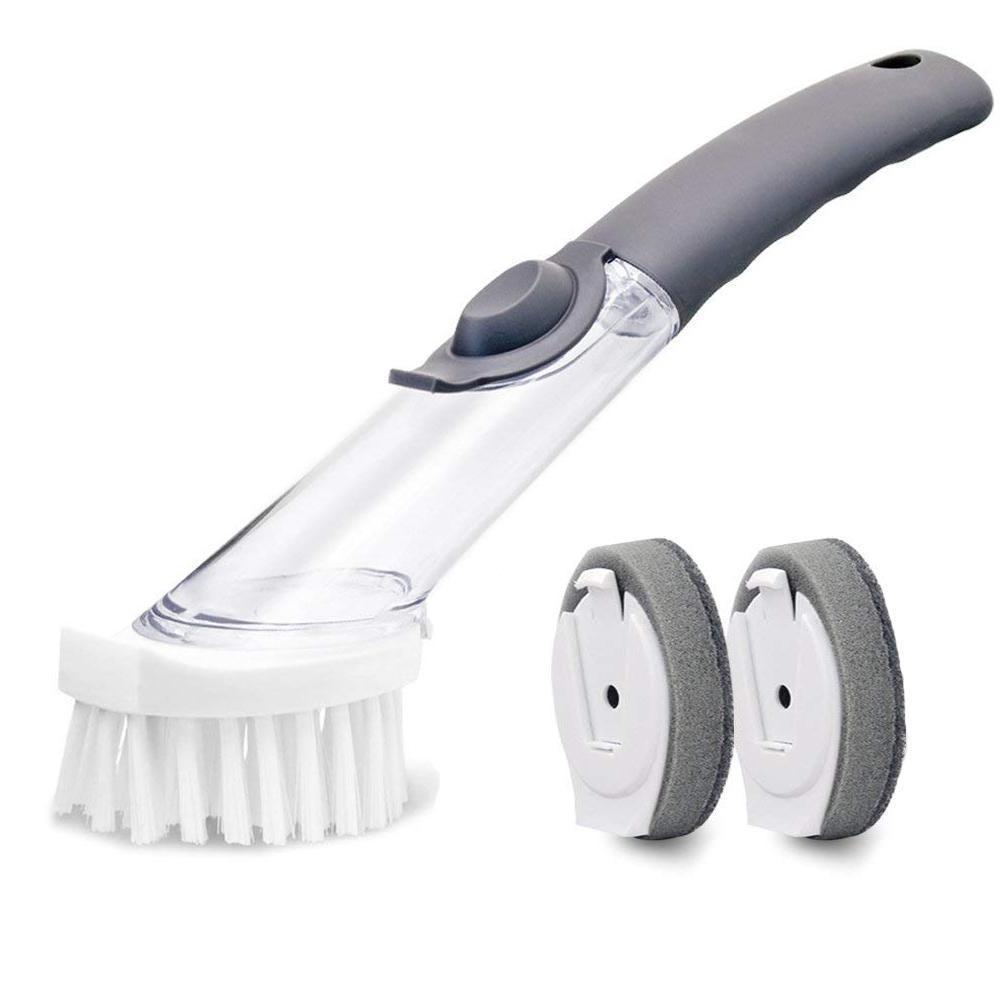 QuickClean | Ergonomische afwasborstel met ingebouwde zeepdispenser – vervangbare sponskop, antisliphandvat