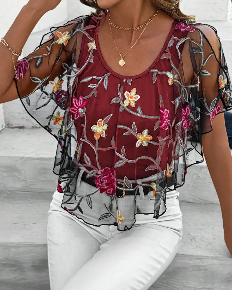 Kaelis | Dames Mesh Blouse met Bloemenborduurwerk – Elegante Lichtgewicht Top