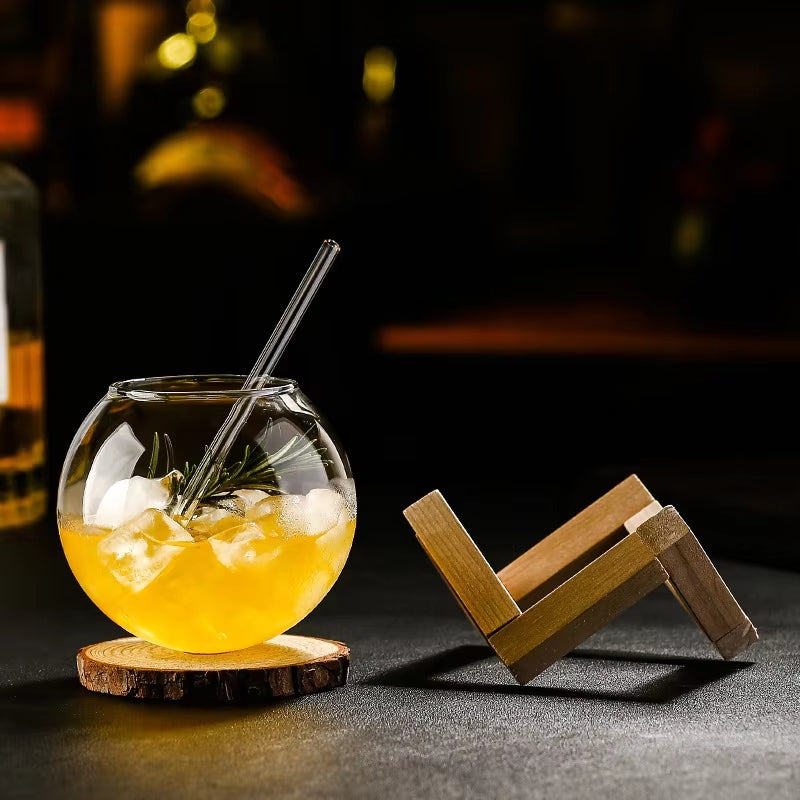 OrbDrink | 500ml bolglas met houten standaard, creatief uniek drinkglas