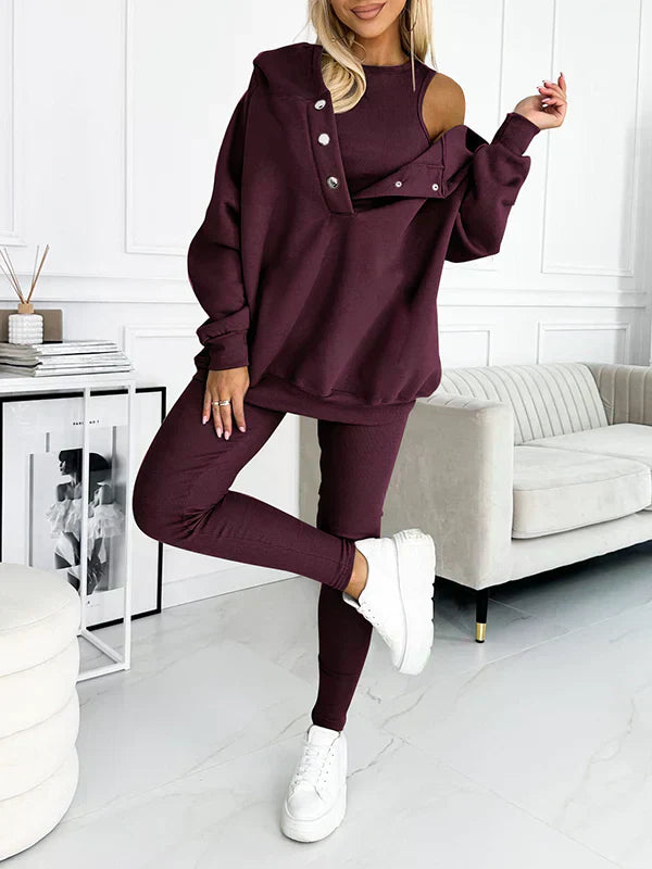 Rydelle | Dames 3-Delige Hoodie Set – Casual Hoodie met Knopen, Tanktop en Legging