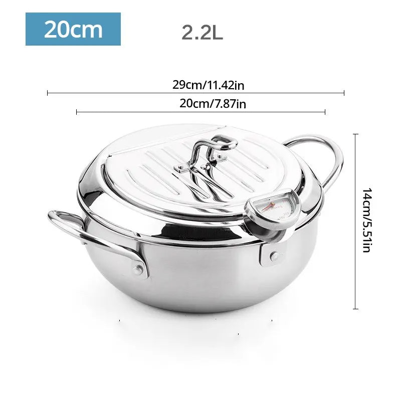 FryKitsu | Frituurpan met Thermometer - Roestvrijstalen Tempura Pan met Deksel, Olie Controle