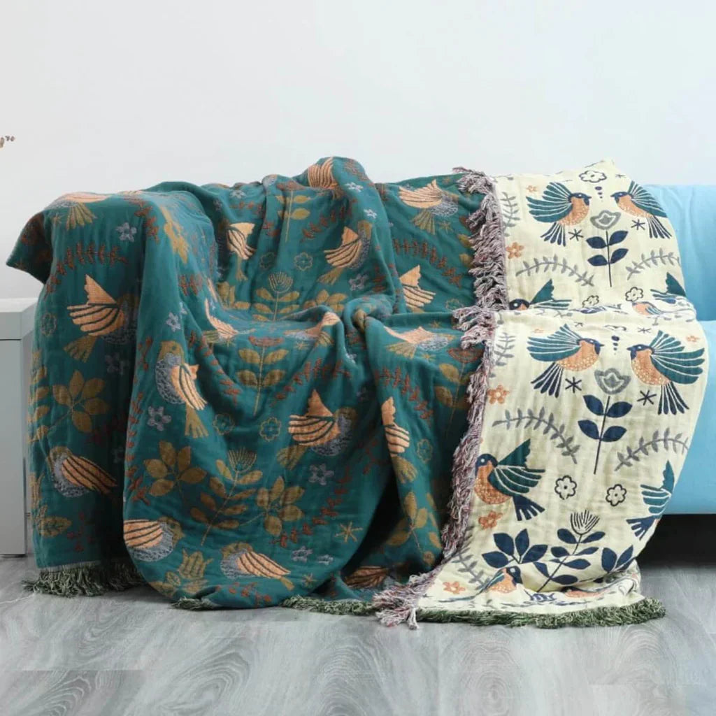 NestleBlanket | Omkeerbare deken met Scandinavisch vogelpatroon – Zacht, knus, boho-stijl